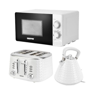 Geepas Electric Kettle 4 Slice Bread Toaster & Microwave Kitchen Set | 3000W 1.5L Traditional Pyramid Kettle | 1750W Toaster with 7 Level Browning Control | 700W Solo Manual Dial Microwave 20L