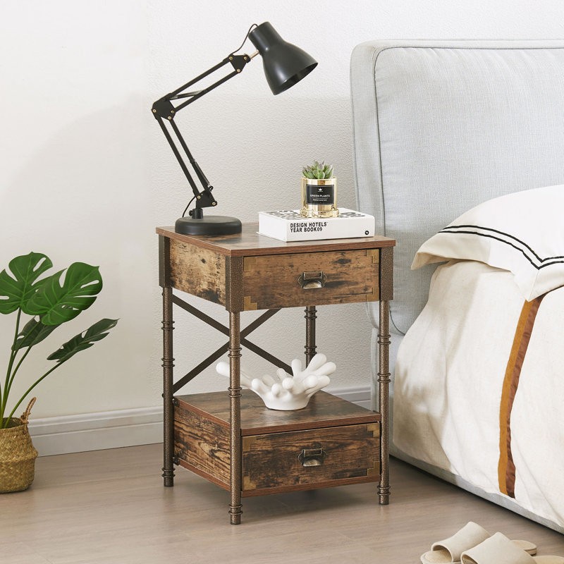 Industrial End Table With 2 Drawers And Open Storage Shelf