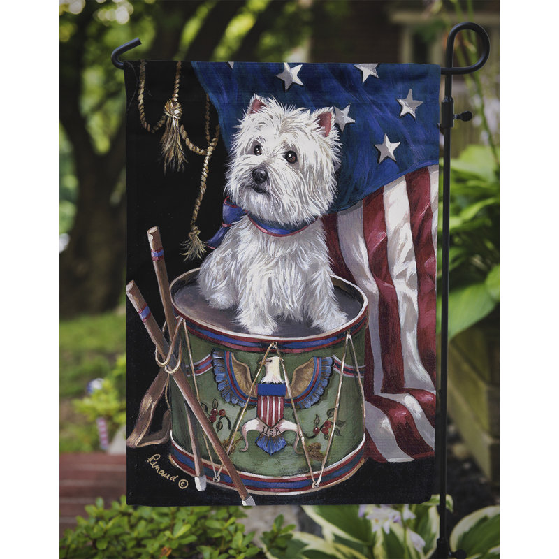 Drapeau de jardin en polyester 2 côtés Hype Pug USA 1 x 0,11 pi, Westie, petit garçon au tambour