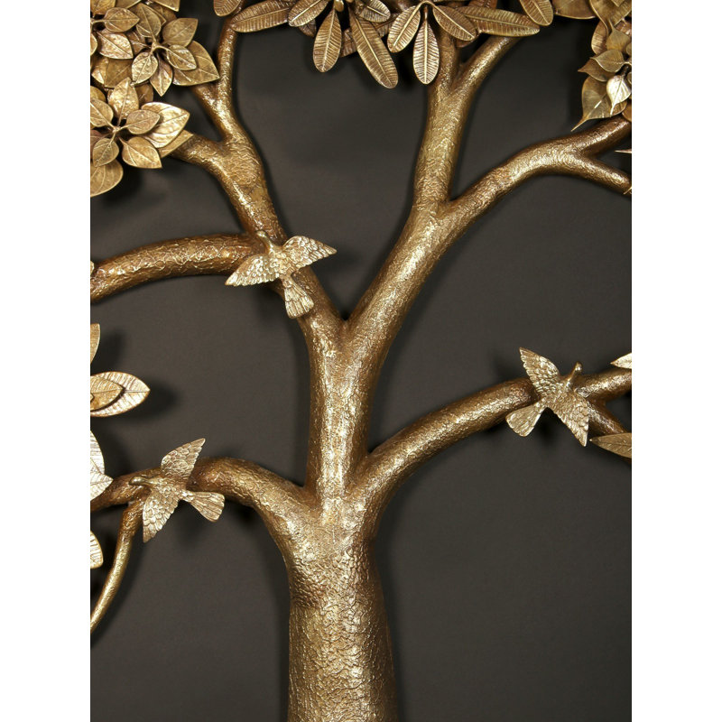 74" Extra-Large Brass Tree of Life Wall Art – Handmade Five-Leaf Statement Sculpture with Birds, Luxury Wall Hanging for Living Room or Lobby