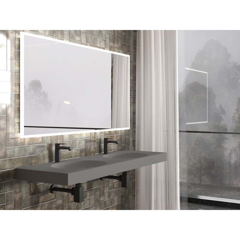Darleen 60" Solid Surface Thin Rectangular Wall Mount Double Shallow Basin Bathroom Sink, Gray