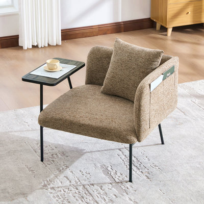 Fauteuil de loisir, fauteuil de détente avec petite table et coussin de dossier, chaises rembourrées modernes avec pieds en métal et poches latérales