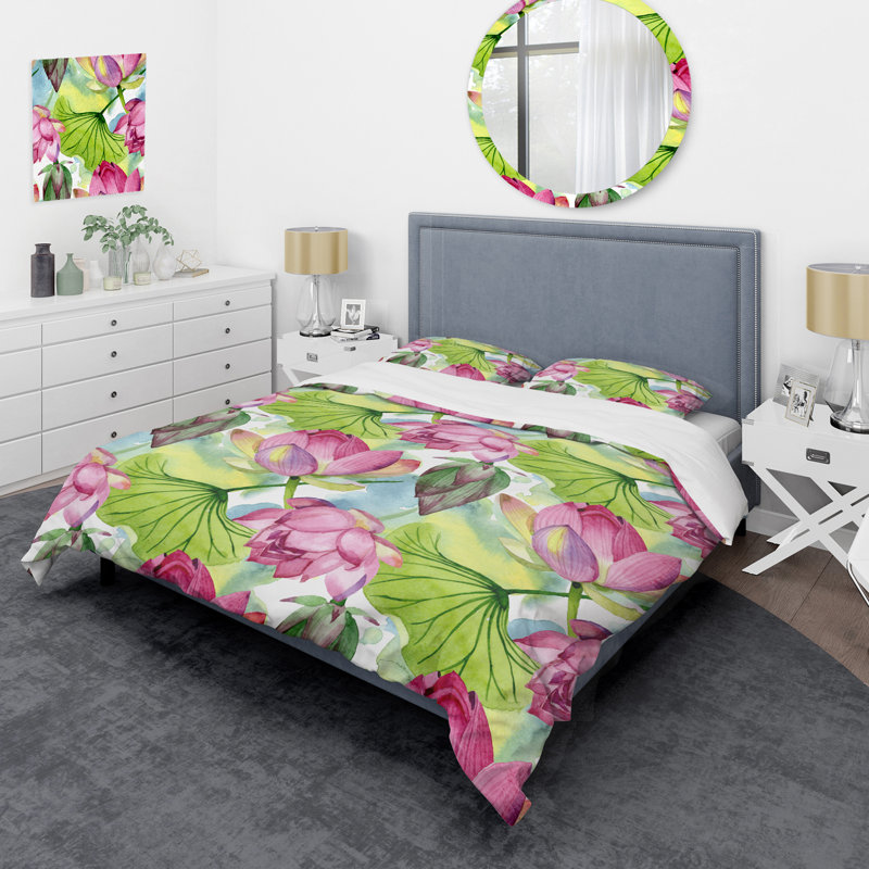 Ensemble de housse de couette fleurs de lotus roses et vertes, Housse de couette simple + 1 taie décorative stan