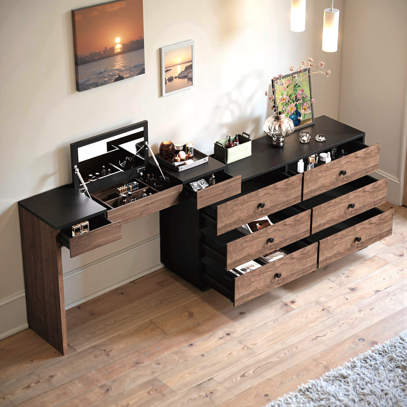 Carmavy Extendable Vanity Makeup Table Home Office Wooden Desk with Flip-Top Makeup Mirror and 6 Storage Drawers, Brown/Black