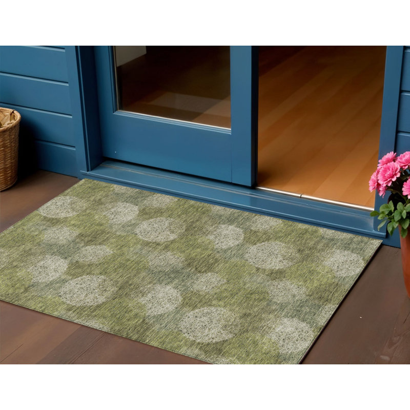 3' X 5' Green Ivory And Sage Polka Dot Washable Indoor Outdoor Area Rug