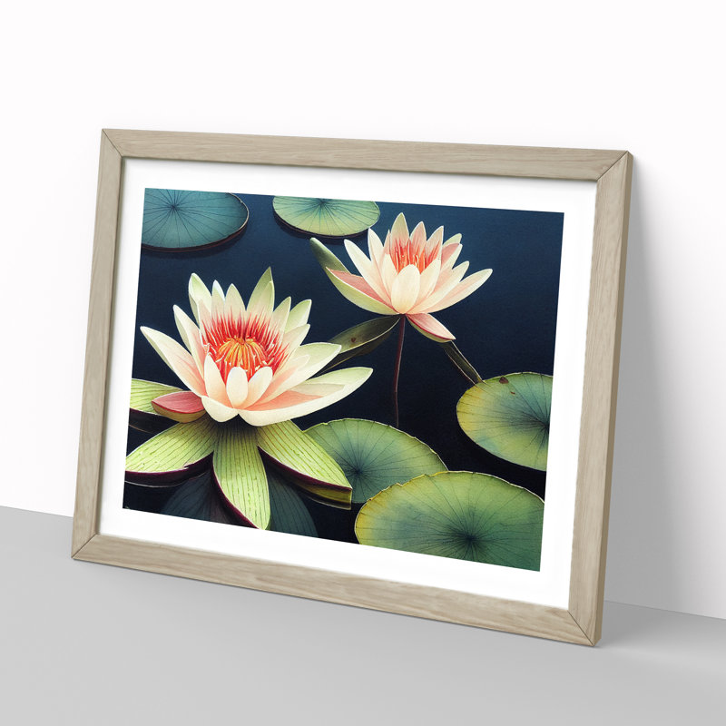 Compelling Water Lily Flowers - Framed Print, 46cm H x 64cm W x 2cm D, Oak