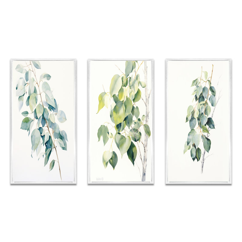 «Green White Minimalisme Eucalyptus Essence II», 3 pièces sur toile, Cadre flottant blanc, H 20 po x l 36 po