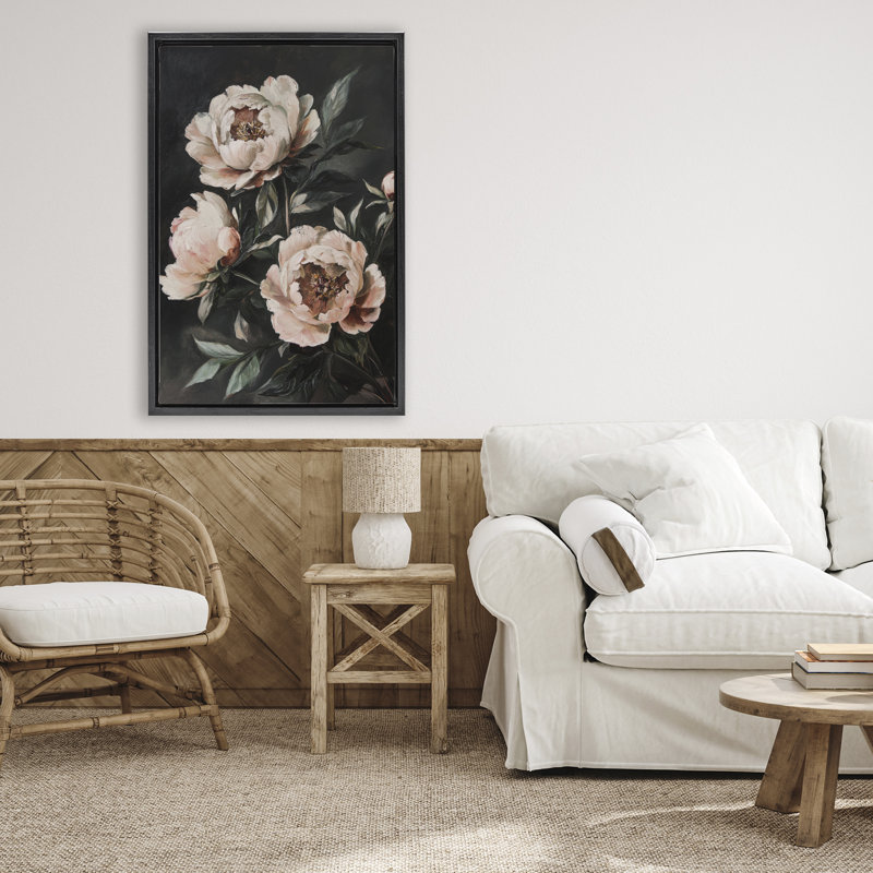 Cadre floral flottant Dusty Pink Roses, conception de Petal Prints Design, H 31 po x l 21 po, Cadre flottant noir de jais