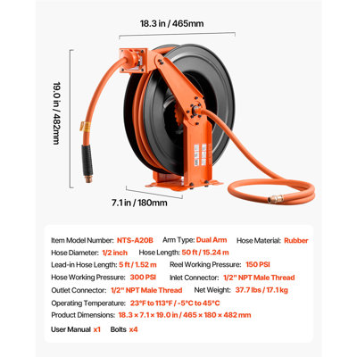 Enrouleur de tuyau d'air rétractable, tuyau d'air en caoutchouc de 1/2 pouce x 50 pieds, pression maximale de 300 PSI, enrouleur automatique pour tuyau de compresseur d'air avec entrée de 5 pieds, fixation plafond/mur, bras double robuste en acier