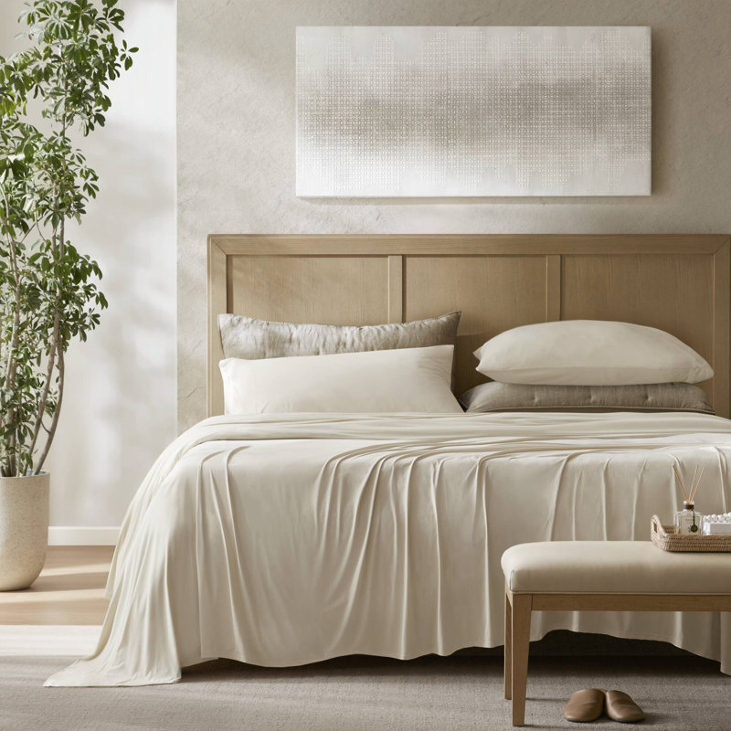 Ensemble de draps et de draps extensibles 4 pièces ultra doux, très grand, mélange de nylon Cool-touch, ivoire