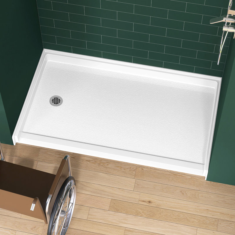 Base de douche simple à seuil bas 60 po x L 36 po ADA avec seuil de type incliné, plateau de douche antidérapant à trois brides, surface ouverte brillante assortie, accès pour fauteuil roulant, profil bas, blanc