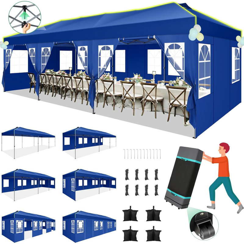 10'Wx30'D Pop Up Canopy, One Push Setup Glow Party Tent, Dark Blue