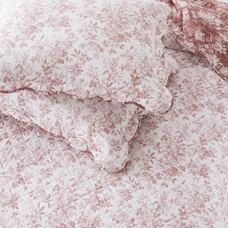 Lush Decor Peony Toile Reversible Cotton Quilt Set, Queen Quilt + 2 Shams