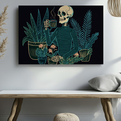 Canvas A Whimsical Scene Featuring A Stylized Skeleton Holding A Steaming Wall Art Cup Of Coffee Surrounded By Lush Green Plants And Canvas Wall Art