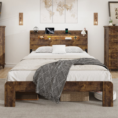 Farmhouse Wooden Bed Frame with Storage Headboard, Wood Platform Bed Frame with Charging Station & LED Lights