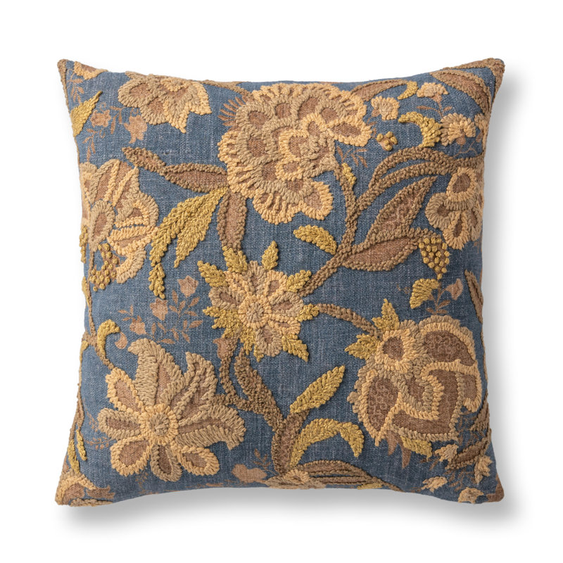 Anika Linen Blend Embroidered Throw Pillow, Blue Sea