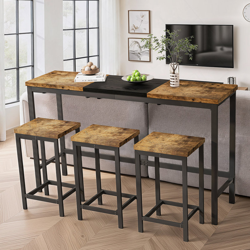 Table de salle à manger de cuisine moderne, table de pub, ensemble de table de salle à manger longue avec 3 tabourets, tabouret suspendu pratique, naturel et noir