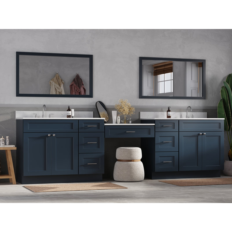 Disar 120" Double Bathroom Vanity With Desk Dovetail Solid Wood Drawer Carrara Quartz Top, Blue