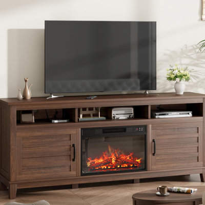 Meuble télé de style ferme avec foyer électrique de 180 cm (70,9 po), centre de divertissement avec foyer électrique de 58 cm (23 po), étagères réglables et 8 compartiments de rangement, blanc