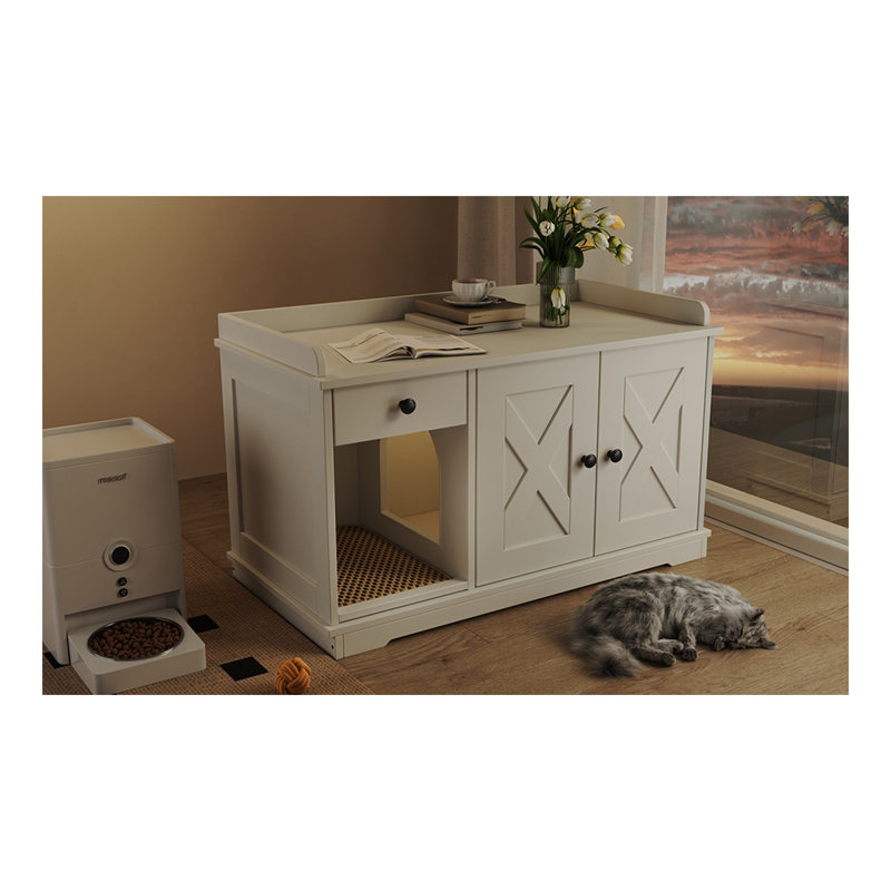 Enceinte de litière pour chat GO, meubles de litière cachés avec tapis de litière pour chat, table d'appoint pour chat avec tiroir, table d'appoint de style campagnard pour le salon, blanc
