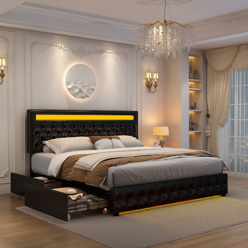 Meliz Modern Upholstered Bed Frame with 4 Bedside Drawers & Smart RGBW LED Lights, No Box Spring Needed, Easy Assembly,, King