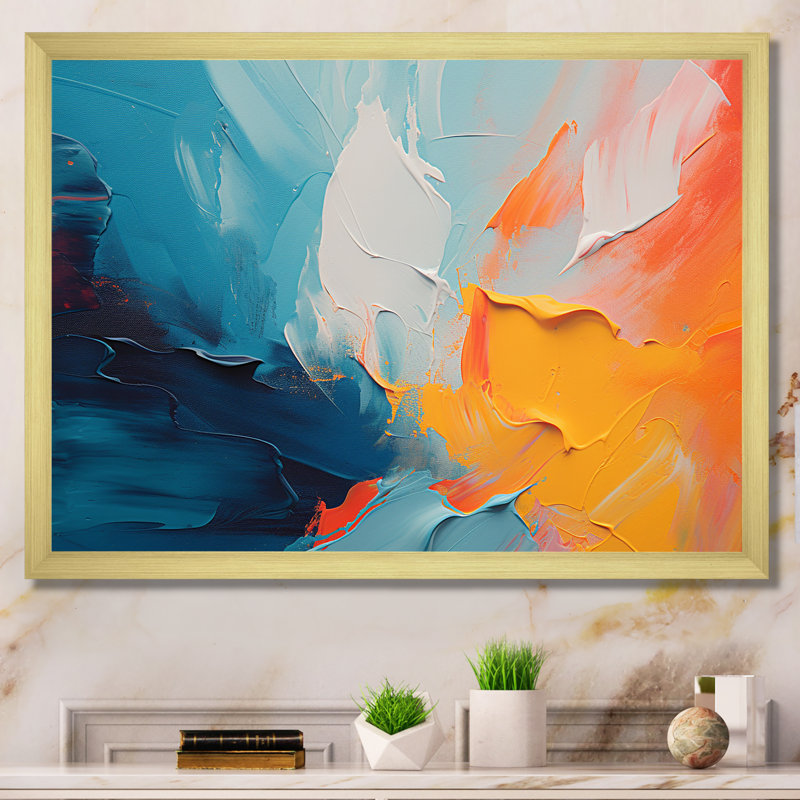 «Blue and Orange Paint Expression 4», art mural abstrait, Cadre doré à coins fermés, H 12 po x l 20 po x P 1 po