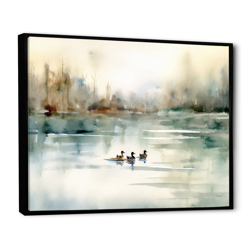 Ducks in Pond I - Duck Canvas Wall Art, 24" H x 32" W, Floater Framed Print, Black