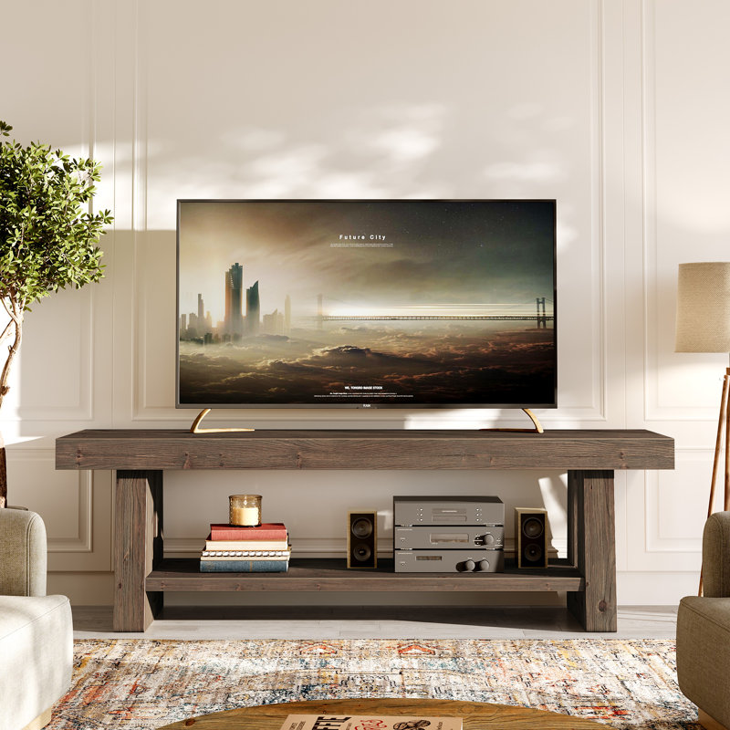 Meuble télé 63 po en bois massif, centre de divertissement de ferme à 2 niveaux avec tablettes de rangement ouvertes