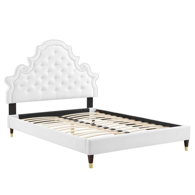 Modway Gwyneth Tufted Performance Velvet Platform Bed, White, Queen