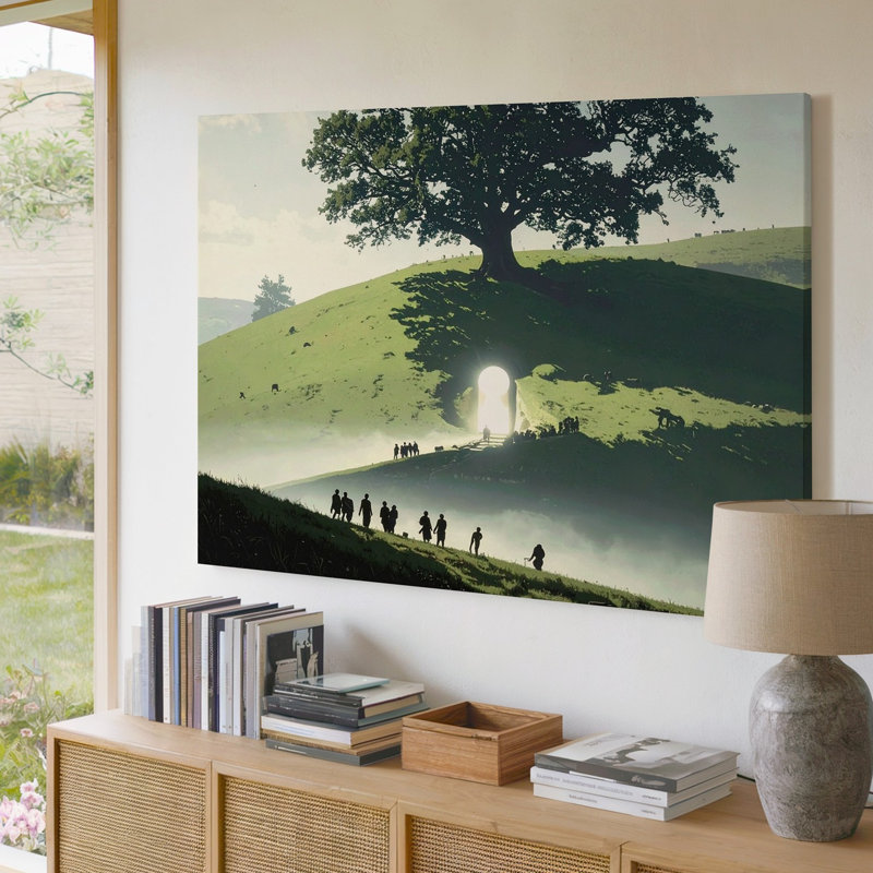 Toile, portail en trou de serrure, toile de la colline sacrée et arbre incandescent, art mural, H 16 po x l 20 po