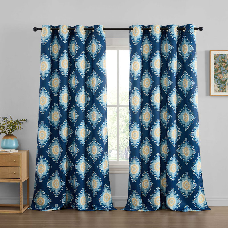 Liam Ogee Ikatt Damask Patterned Window Grommet Curtains Bedroom - Light Blocking Darkening Window Panels, Set of 2 , Blue