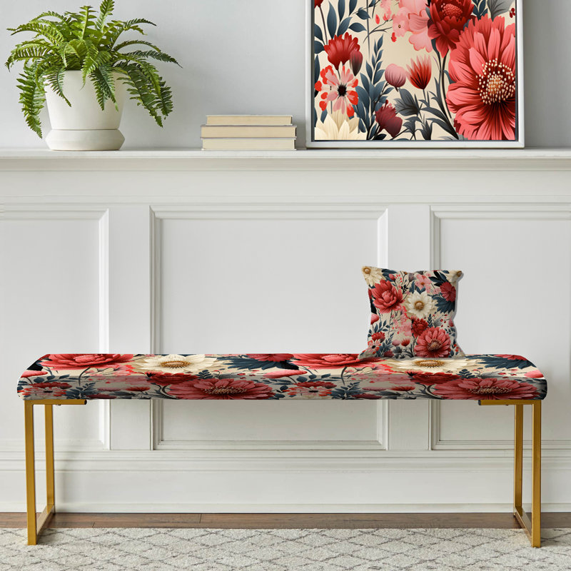 Upholstered Gold Bench, Ivory & Red Boho Chic Floral Pattern
