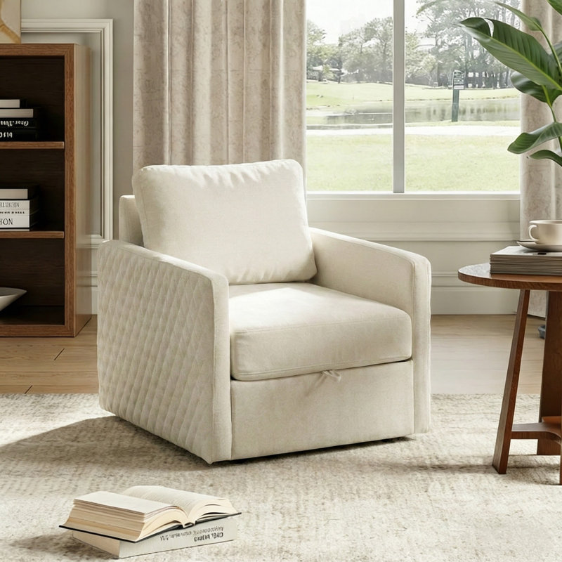 Fauteuil demi-tonneau pivotant capitonné en chenille avec rangement caché, Beige