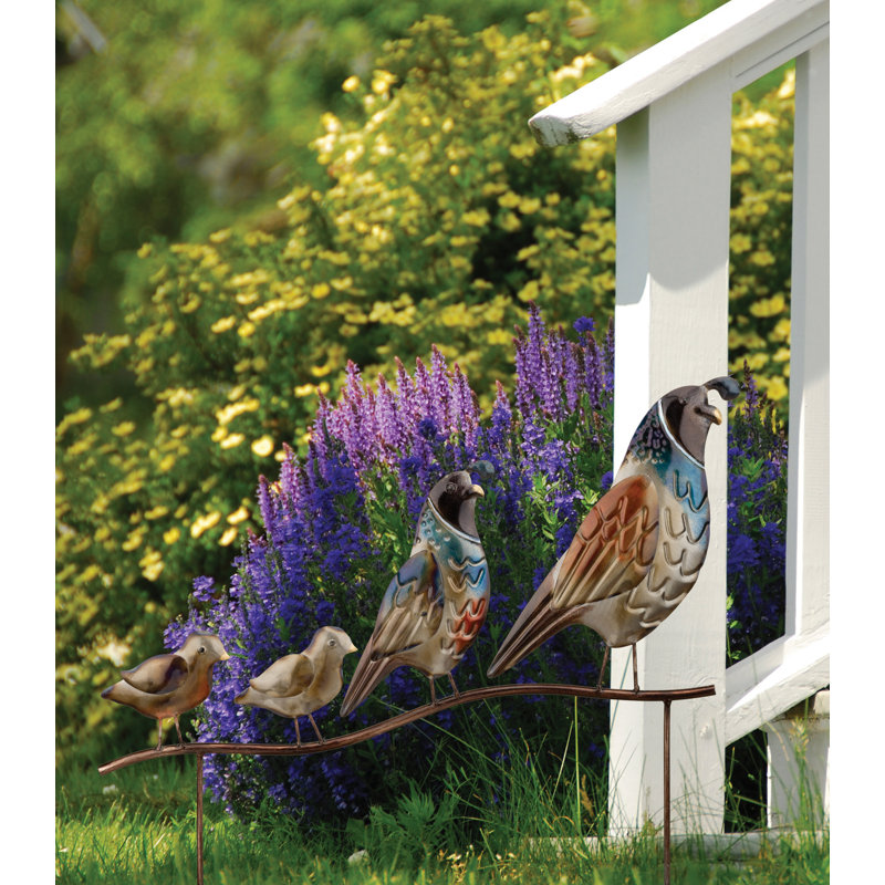 Hand-Painted Metallic Quail Family Garden Stake and Wall Decor