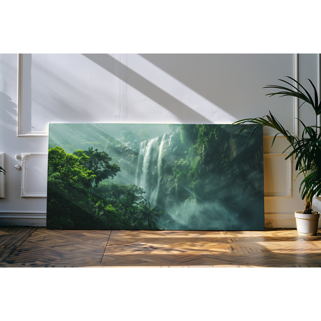 Gerahmtes Bild auf Leinwand 120x60cm Regenwald Natur Berge Klippen Wasserfall Felsen