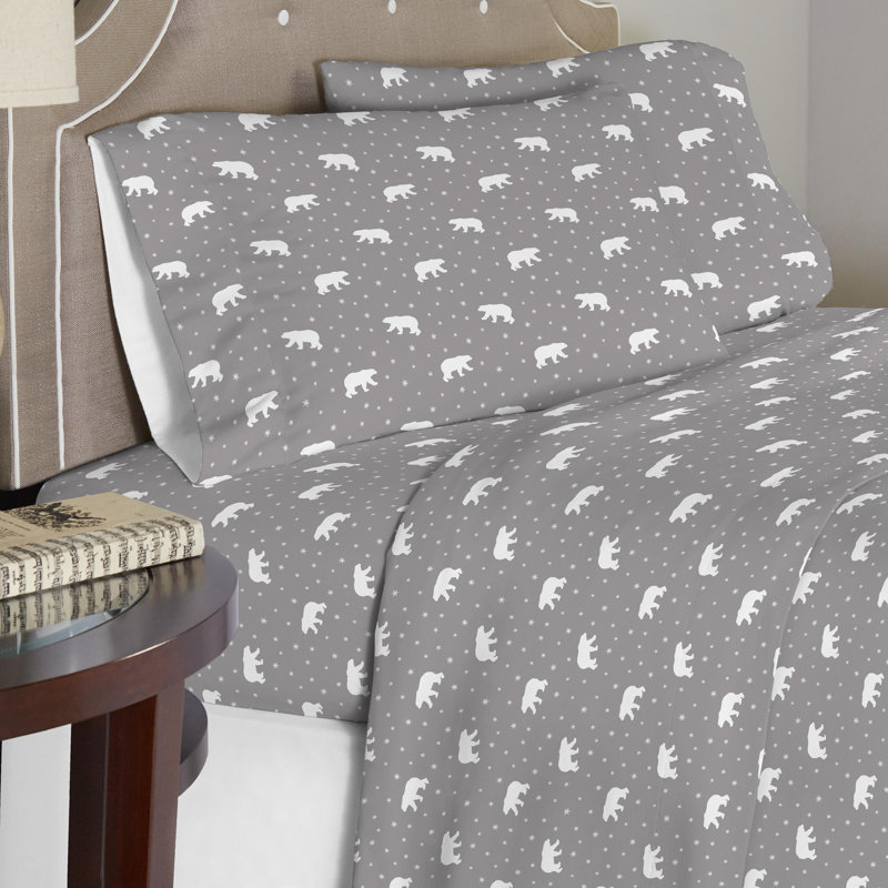 Twin XL Gray Cotton Flannel Polar Bear Print Sheet Set