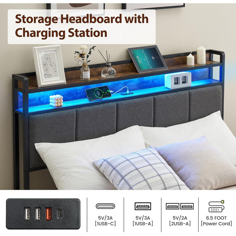 Bed Frame With Headboard, USB & Type-C Charging Station, Queen