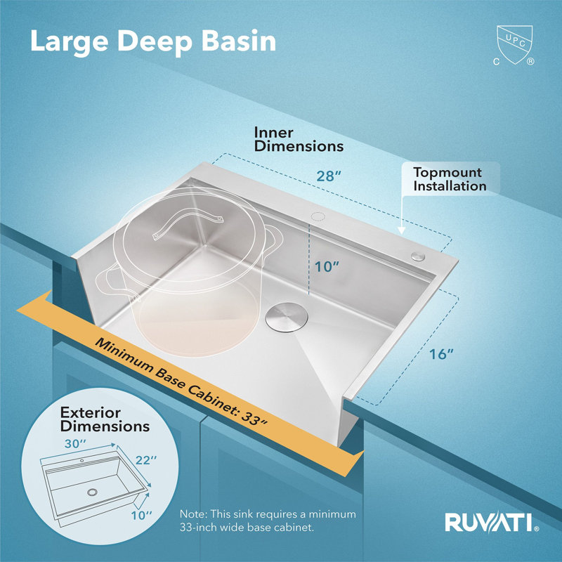 Ruvati 30 x 22 inch Workstation Drop-in Topmount Rounded Corners Stainless Steel Kitchen Sink