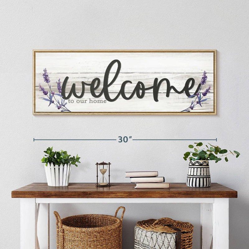 Plaque murale "Welcome to our home" lavande, Cadre flottant en bois naturel, 31 po x 11 po
