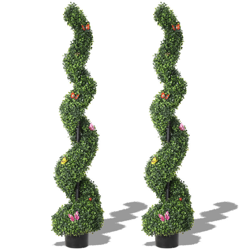 2 Pack Artificial Boxwood Topiary Trees, 5 Ft Outdoor Tall Faux Greenery Plant, Topiary Plants Potted Trees Decoration for Front Porch Home Living Room, Indoor and Outdoor Use