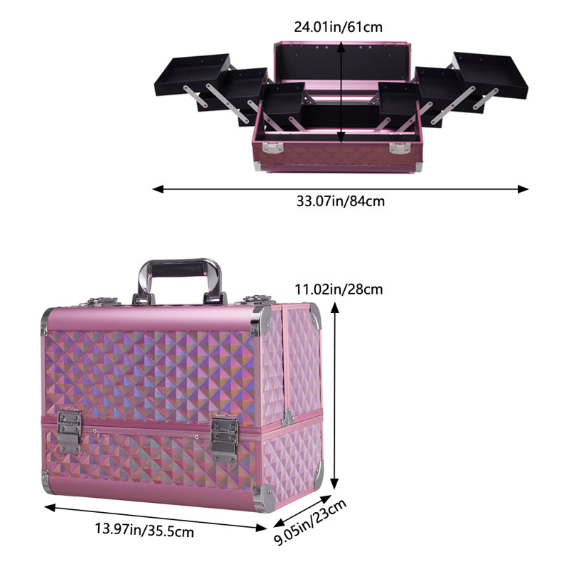 Pink Makeup Box Professional Cosmetic Organizer Aluminum Storage Box with 6 Trays, Pink