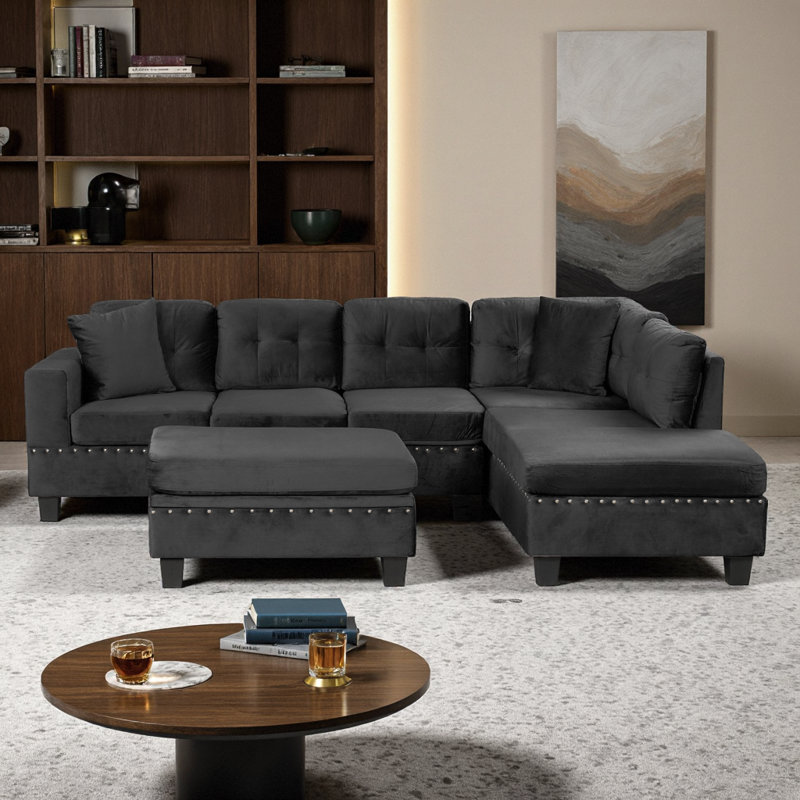 Canapé modulaire moderne en velours de 105 po avec repose-pieds et méridienne réversible, noir, Noir