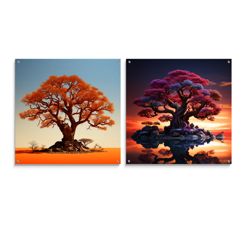 «African Baobabs Stand» - ensemble de 2 art mural en verre baobab, H 16 po x l 33 po