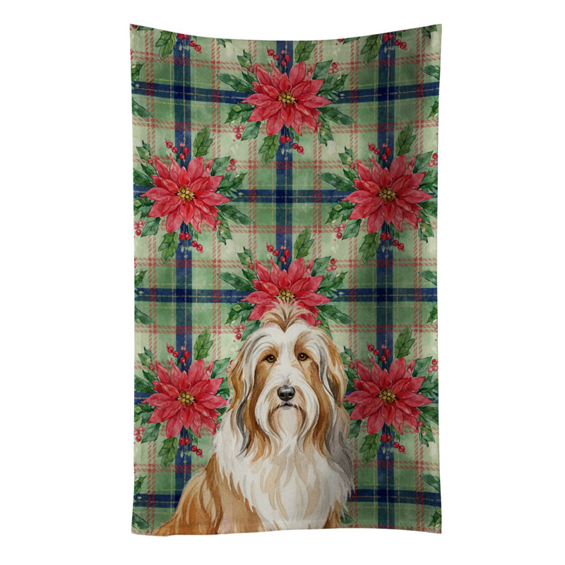 Fawn Bearded Collie Christmas PoinsettIas Kitchen Towel, Tan/White Bearded Collie