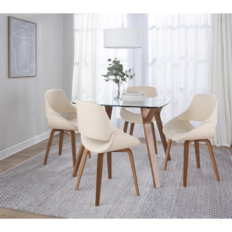 Najrin Upholstered Side Chair with Bent Wood Legs, Cream Faux Leather, Walnut Bent Wood