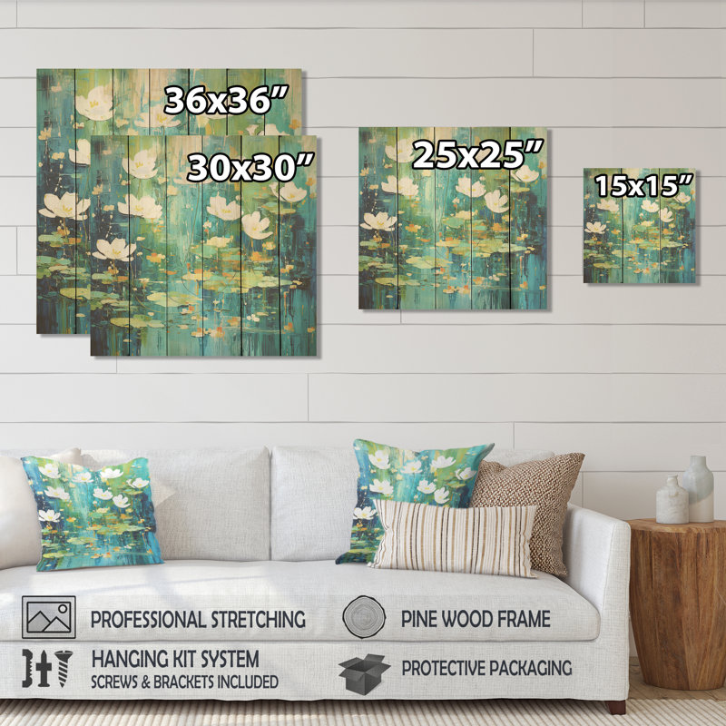Green Peaceful Floral Tide Pools - Coastal Minimalism On Wood Print, 30" H x 30" W