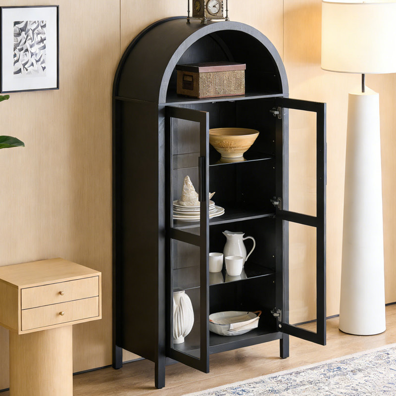 Modern Retro Arched Storage Cabinet with Integrated Lighting & Adjustable Glass Shelves – Multi-Functional Display Cabinet for Kitchen or Living Room