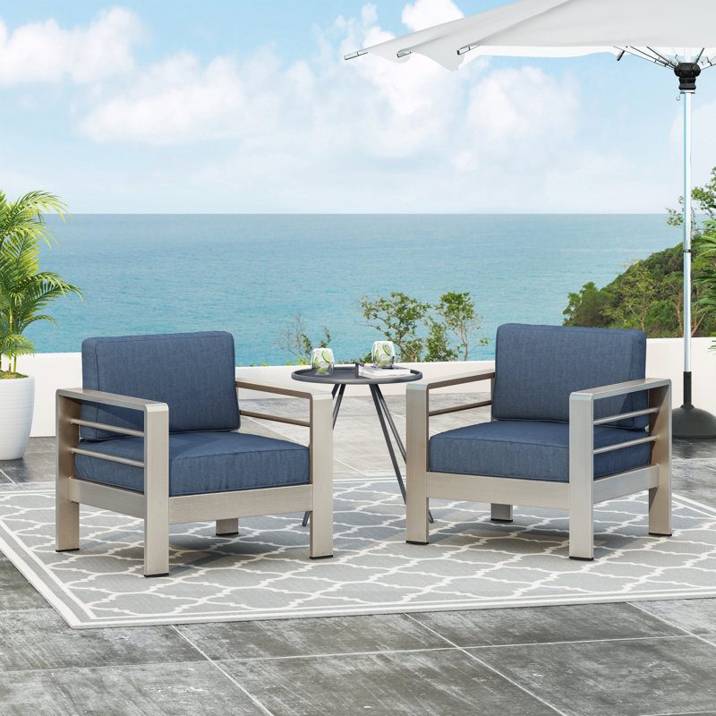 Caggiano Patio Aluminum Chair with Cushions, Blue, Silver