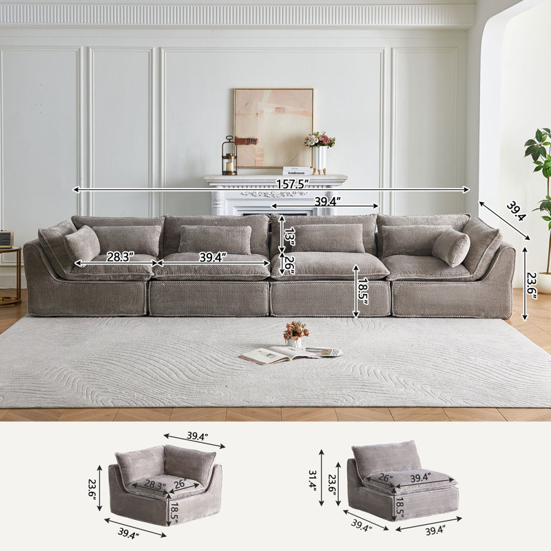 Canapé modulaire en nuage 4 pièces 151,7 po l 151,7 po, 31.5" H x 151.7" W x 39.4" D, Light Gray