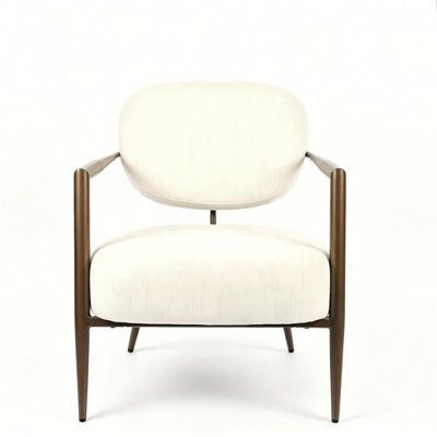Modern Accent Chair, Bronze Metal Frame Textured Fabric Armchair, Mid-Century Lounge Chair for Living Room Bedroom Reading Nook, Padded Stable Single Chair, White